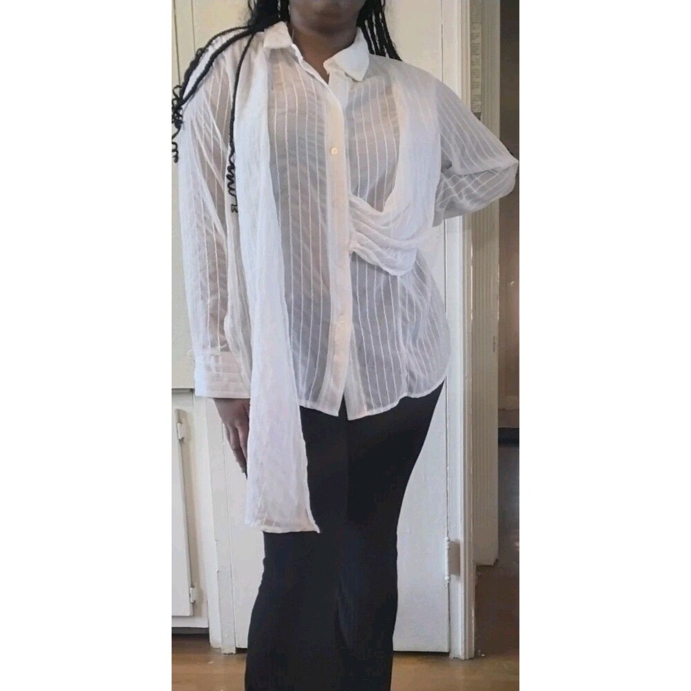 Women's Sheer Striped Button-Down Blouse Attached Scarf Neck Long Sleeve Top 14